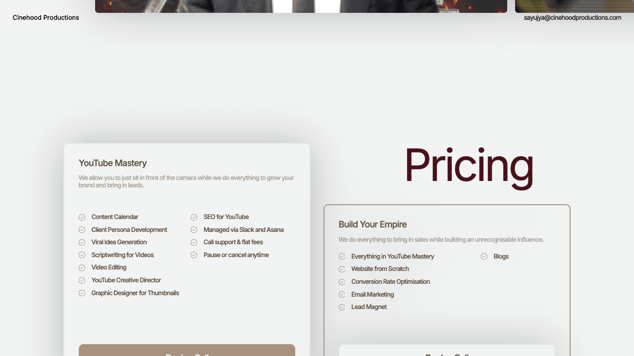 Cinehood Productions pricing section with YouTube Mastery and Build Your Empire tiers