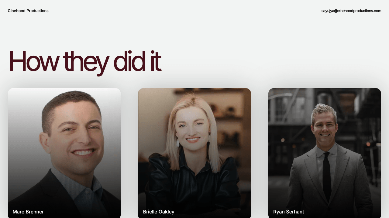 Cinehood Productions testimonials section featuring founder case studies